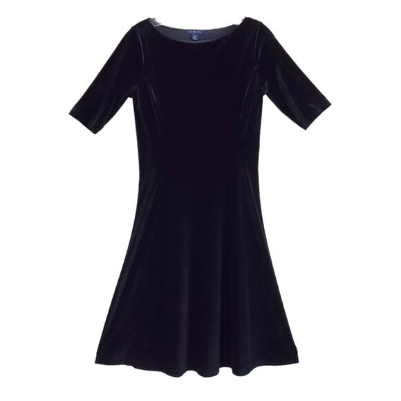 LANDS END Women's XS 2 4 Dress Black Velvet Short Sleeve Flare Stretch Bust 34" - Picture 1 of 7